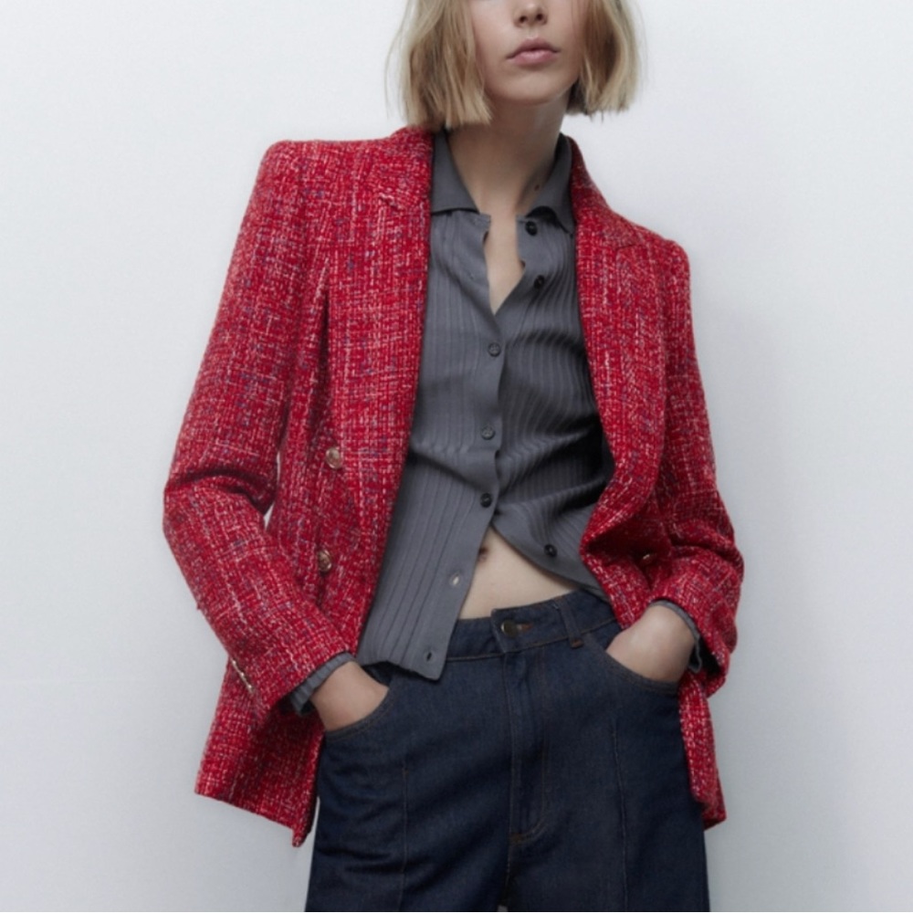 Zara double breasted textured weave jacket